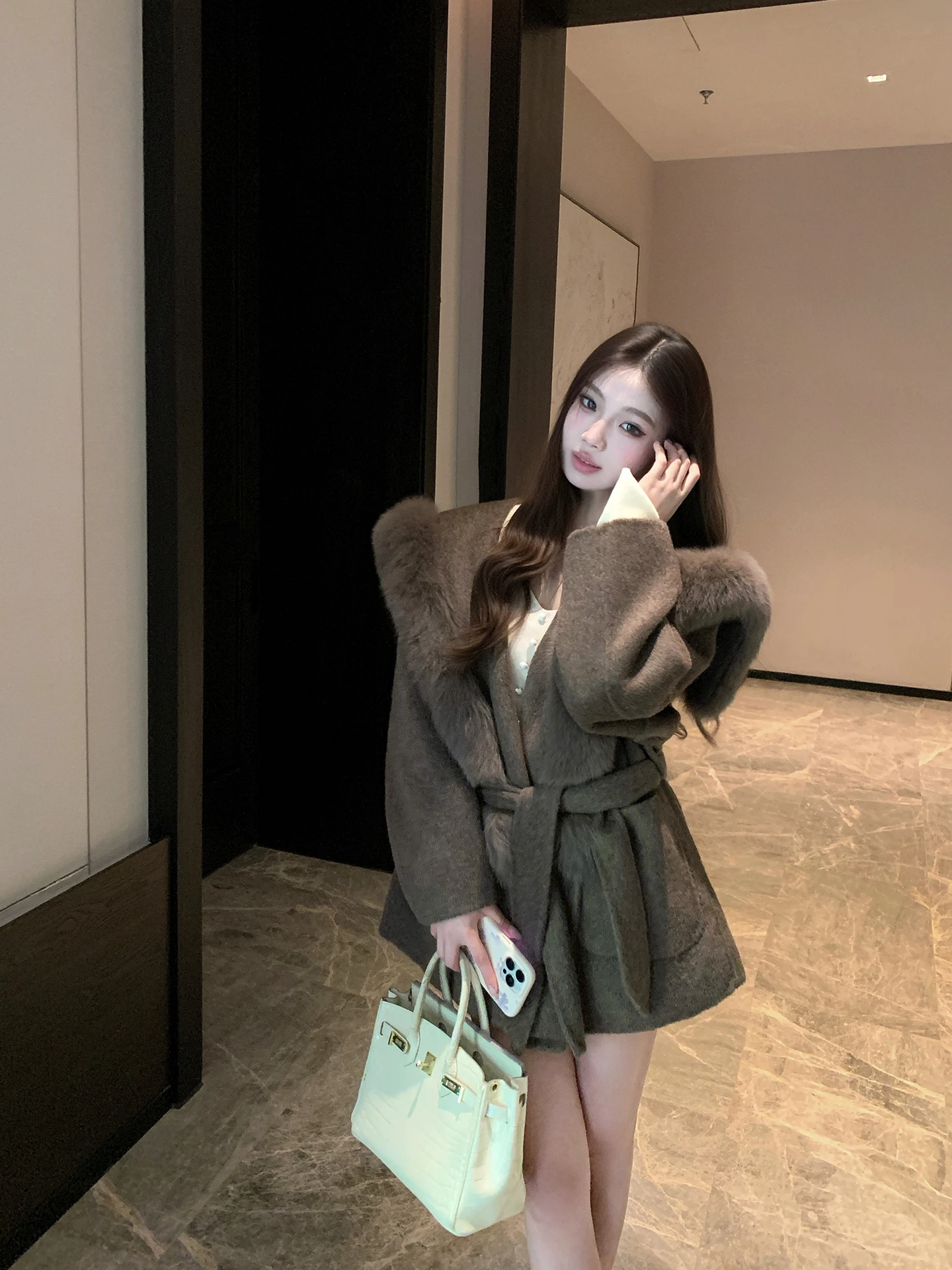 

EU Double-Sided Woolen Coat Women's Autumn Winter New Sle Marron Fur Collar Commuter Straight Tube Long Sve Coat