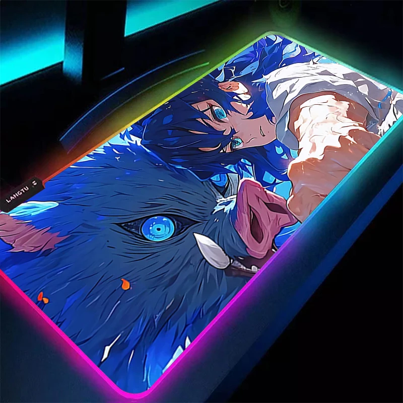 

Коврик для мыши со светодиодной подсветкой RGB D-demon Slayer Inosuke, аксессуары для офисных ПК, удлиненный коврик с рисунком аниме, настольный коврик, резиновый коврик для мыши, игровые коврики