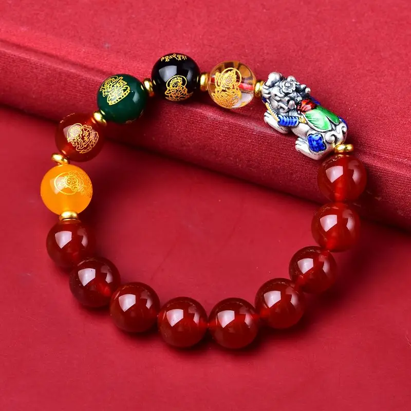 Original Pure Silver Clay Red Agate Year of Fate Bracelet Golden Wood Water Fire Soil Five Gods of Wealth Men and Women Rosary