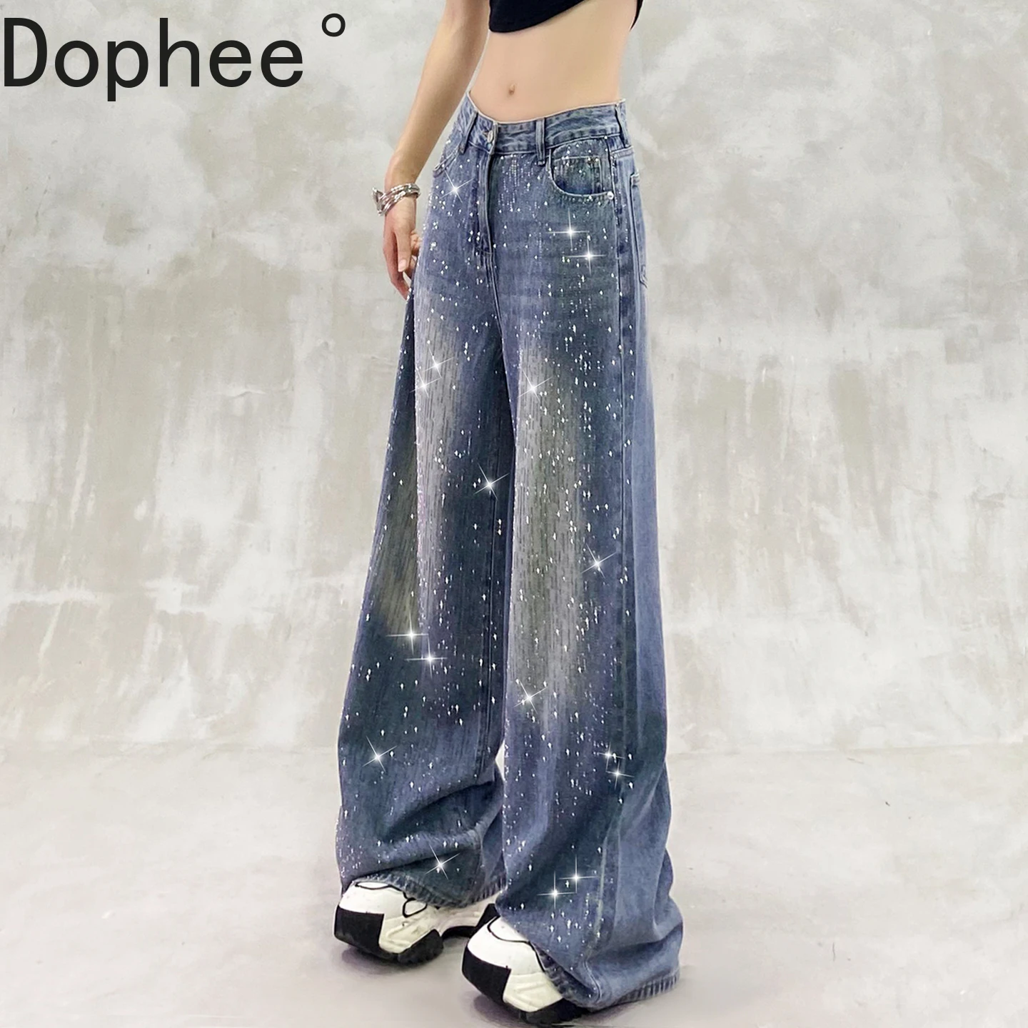 

Blingbling Shiny Hot Drilling Washed Women Denim Trousers Spring Summer High Waist Wide Leg Pants Floor-length Straight Jeans