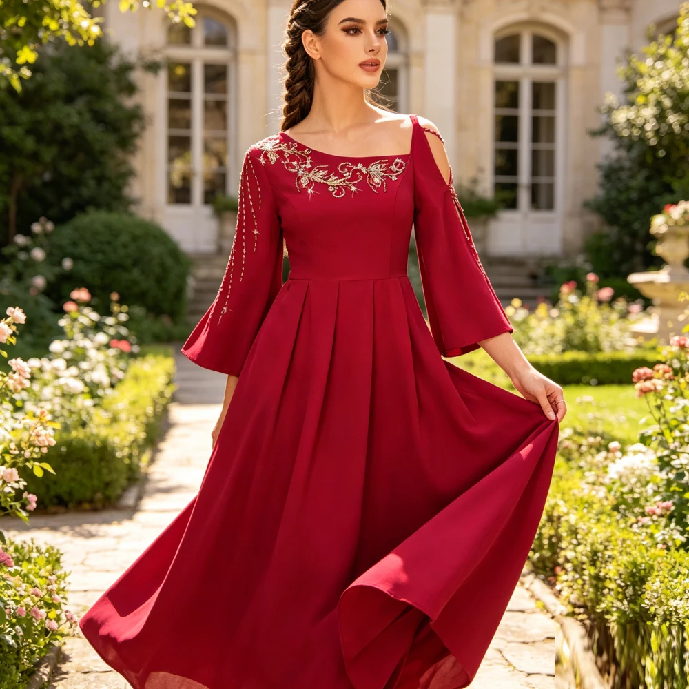 

Red Abaya Dubai Evening Dress Gold Embroidery Rhinestone Women Muslim Maxi Party Gown Femme Musulmane Vestidos Kaftan Arab Robe