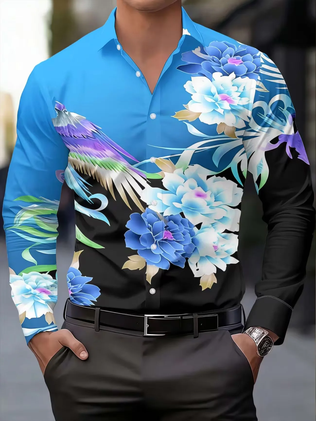 New Blue Black Gradient Flower and Bird Printed Men's Long Sleeve Shirt for Vacation Style and Casual Flower Shirt