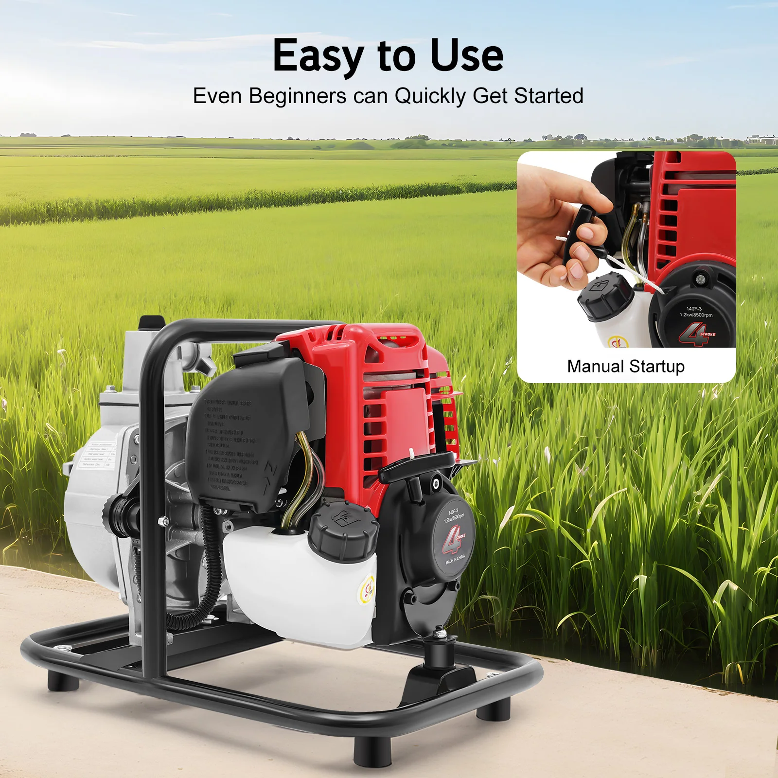 1.2KW Water Pump Gasoline Engine Water Pump 135L/min Flow & 30m Head, Gasoline Powered for Farm & Fire Rescue Use