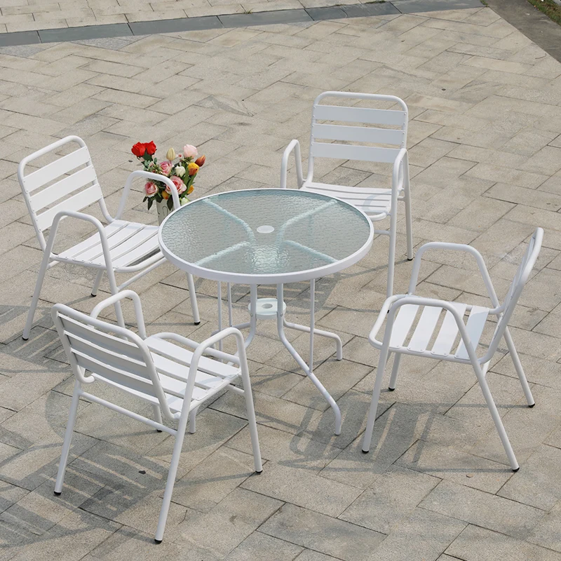 Outdoor courtyard, open-air balcony, table and chairs, outdoor white aluminum alloy table and chair with umbrella combination