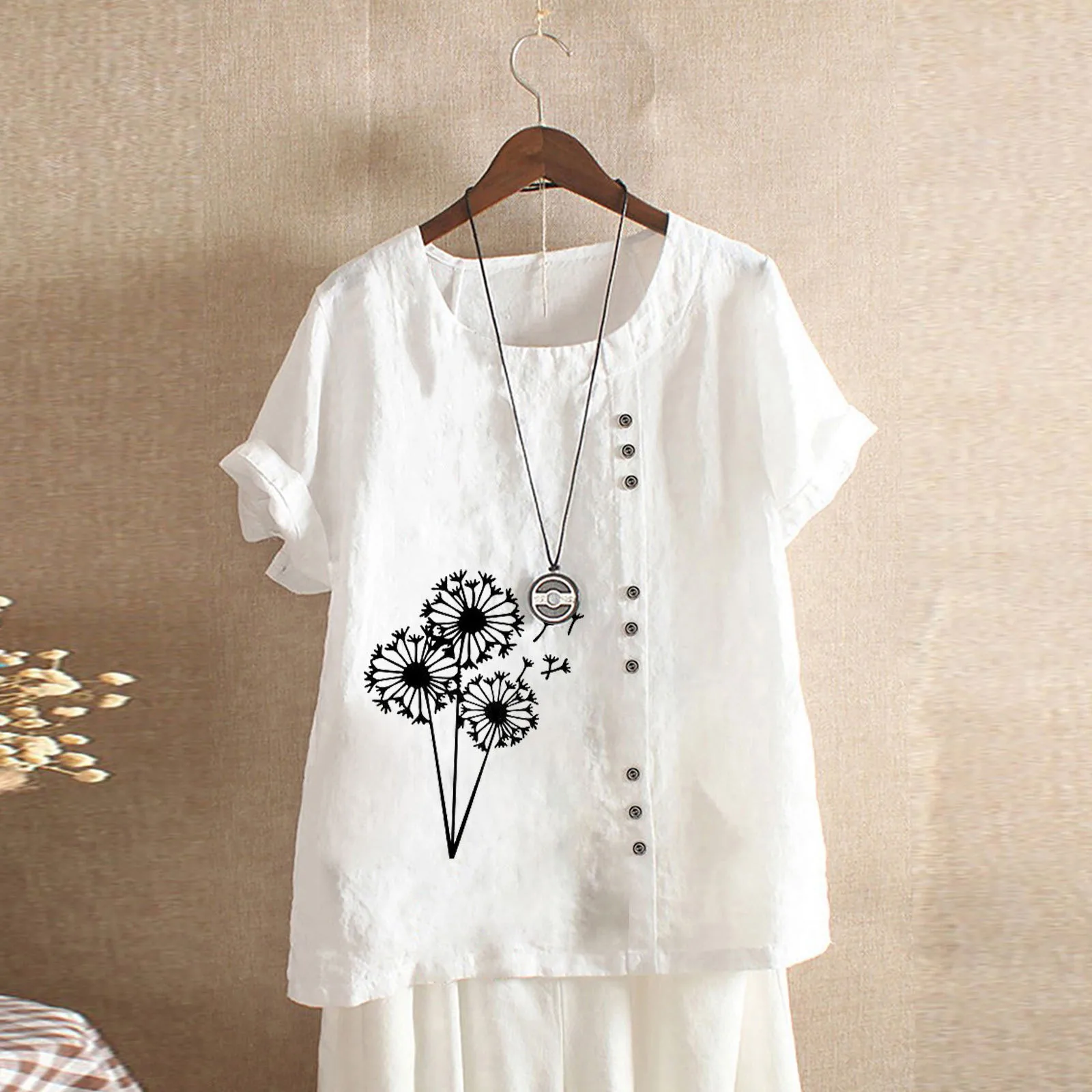 

2023 Cotton Linen Gothic Woman Clothing Summer Office Lady Big Size Tunic Baggy Blouse Casual Short Sleeve Print Shirt Blouse