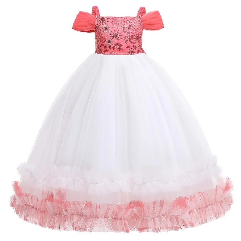 Mädchen Einteiliges kleid wort schulter pailletten bestickt Bögen Prinzessin kleid Flower hochzeit Klavier spielen kostüm kinder kleid