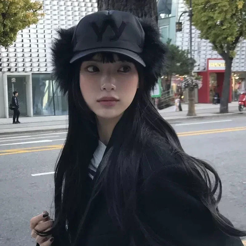 

Бейсбольные кепки с вышивкой корейских букв, женские шапки с искусственным волосом и утиным языком Y2K, сексуальная модная зимняя защитная шапка для ушей