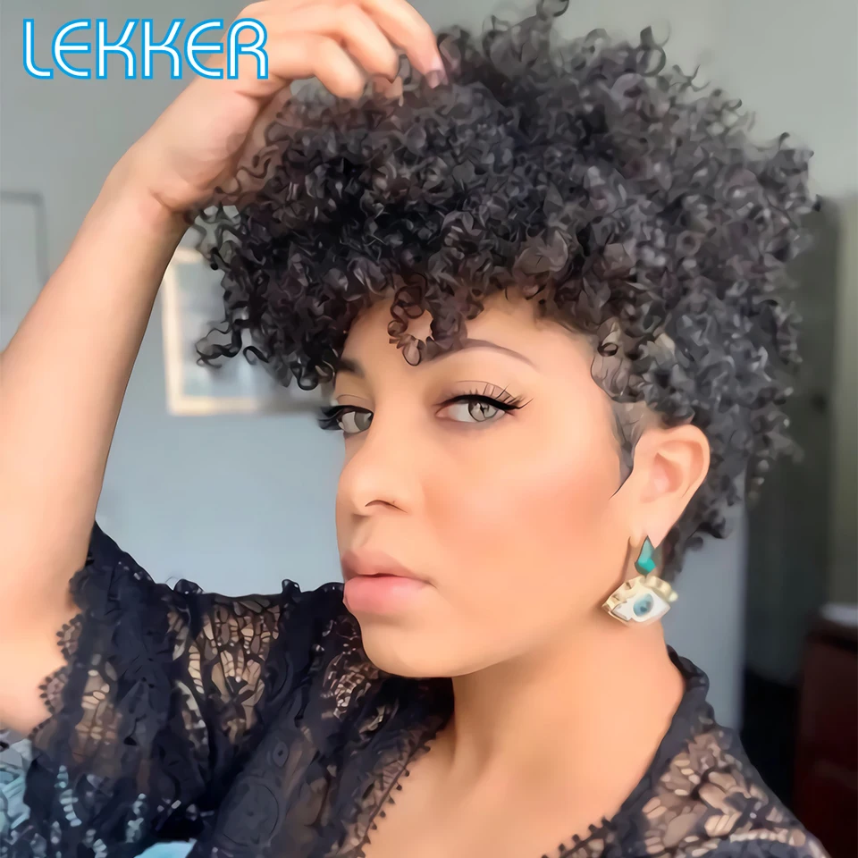 Lekker Short Pixie Cut Afro Kinky Curly Bob 100% Human Hair Wig For Women Brazilian Remy Hair Glueless Colored Ready to Wear Wig image 4