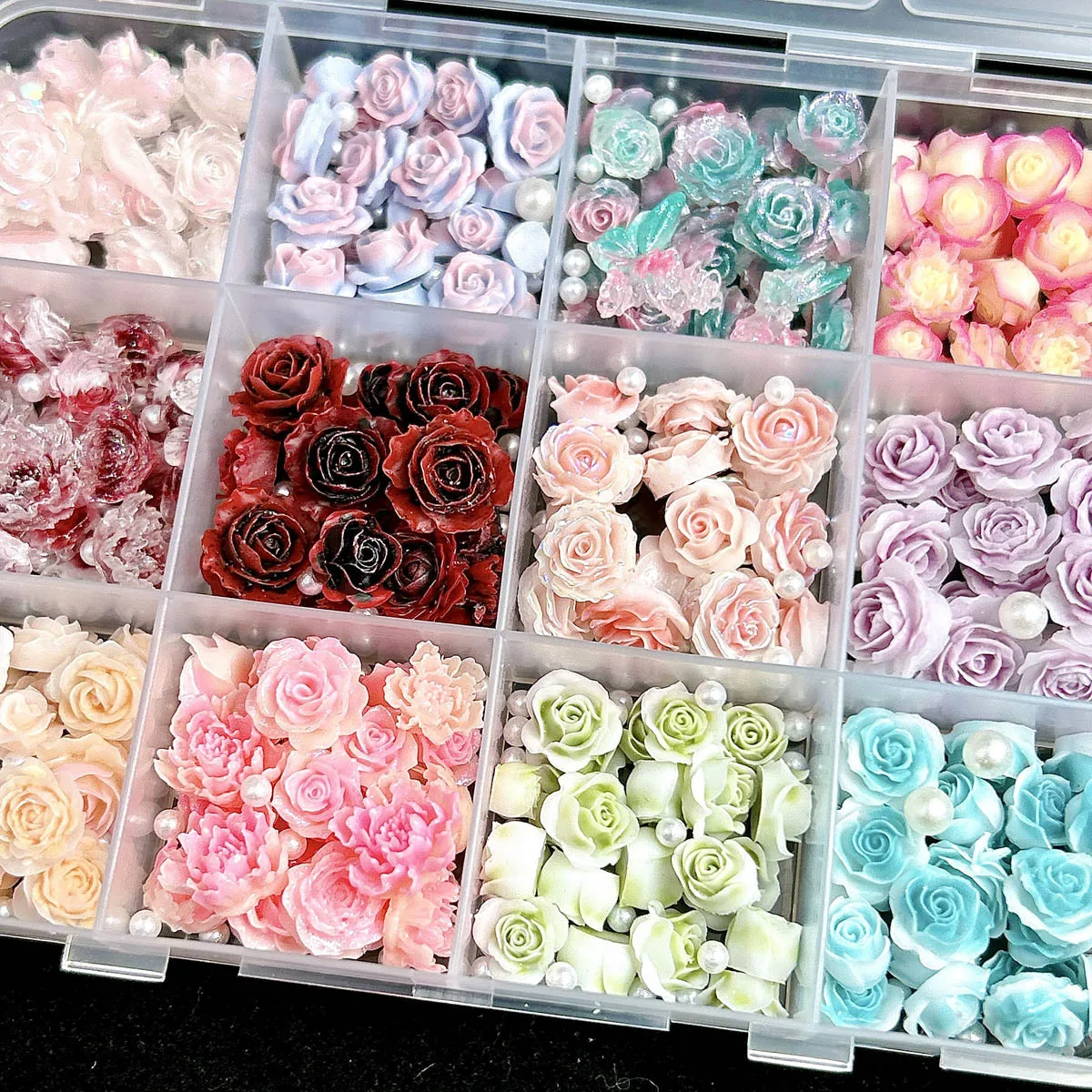 Breloques pour ongles en résine mixte 3D, 12 grilles, fleur de Rose, strass à dos plat, bricolage, décorations florales pour Nail Art, Kawaii