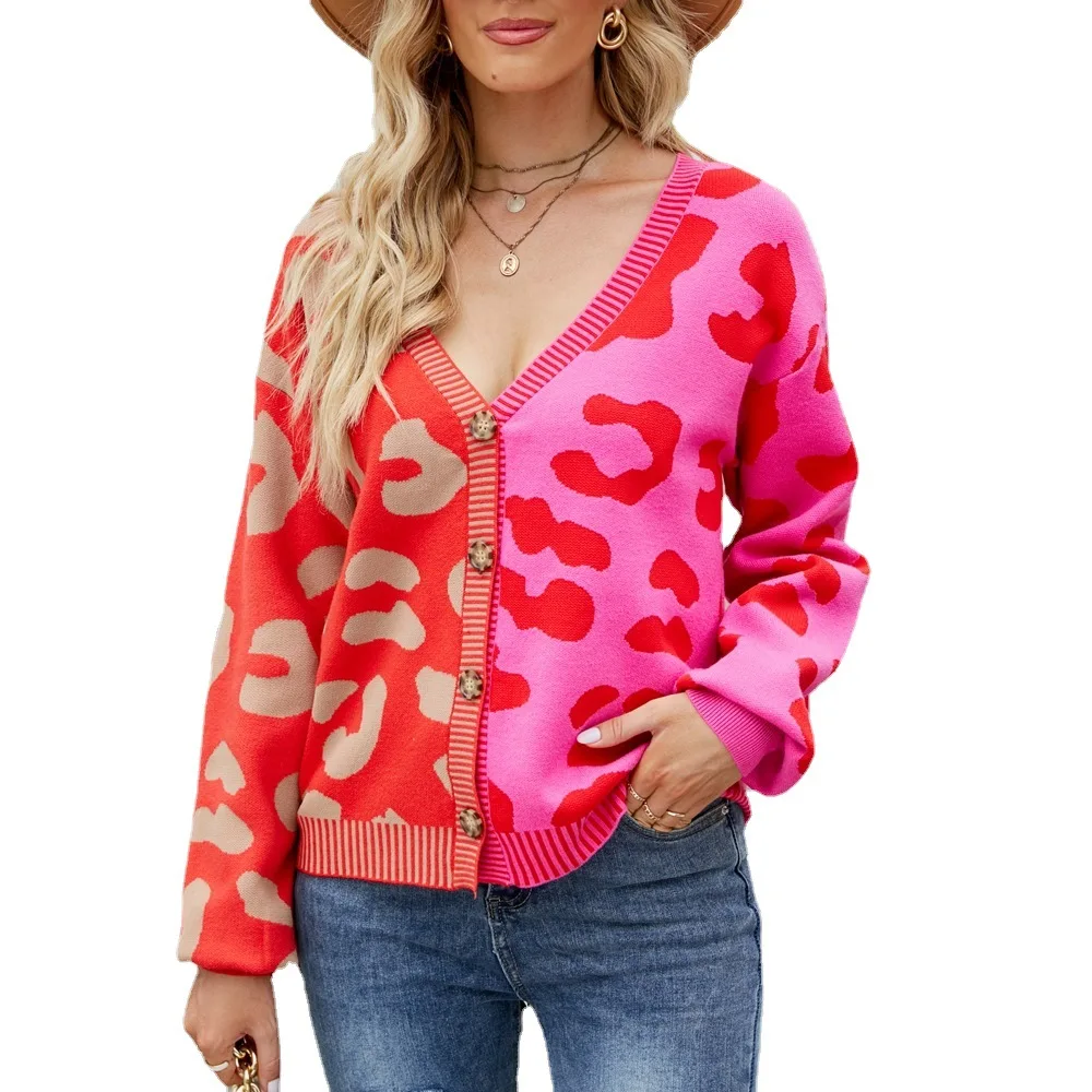 2023 Autumn Winter Women\'s Fashion Casual Comfortable Contrast Leopard Print V-Neck Single Breasted Cardigan Sweater