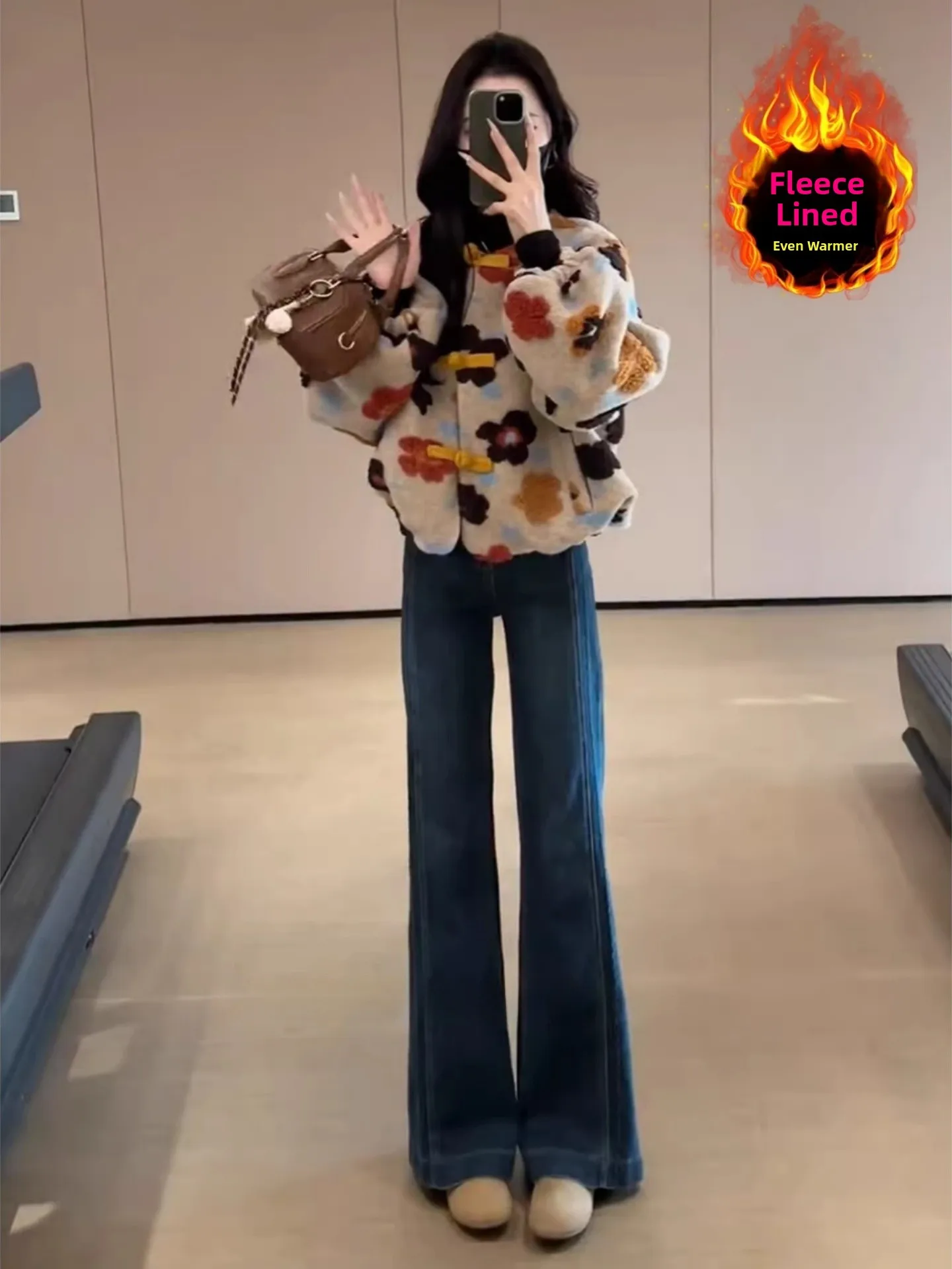 

Deep Blue Fleece Lined Thickened Wide Leg Jeans Women Winter plus Size Slimming High Waist Skinny Ankle Pants American Style