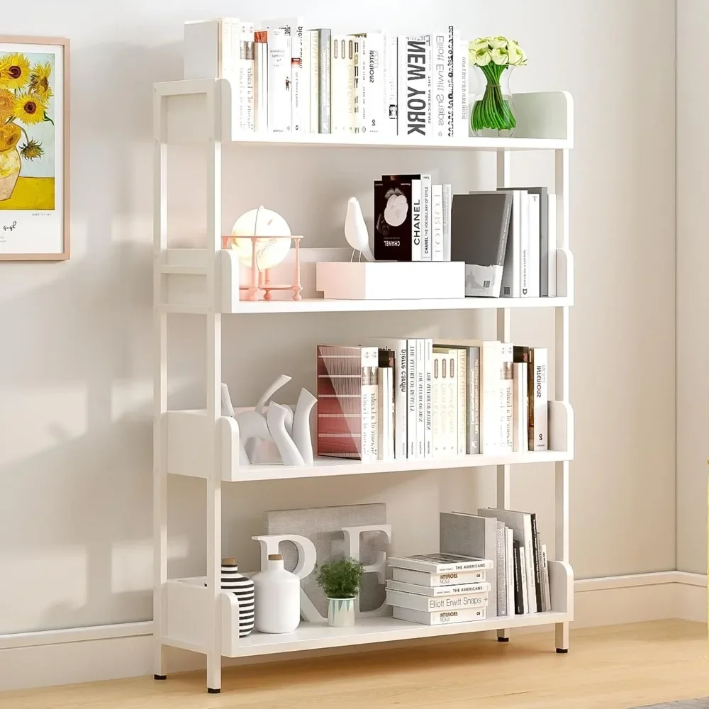 

4-Tier Free Standing Display Bookshelf with Three-Side Panels and Metal Frame - Elegant Storage Shelving for Home and Office in