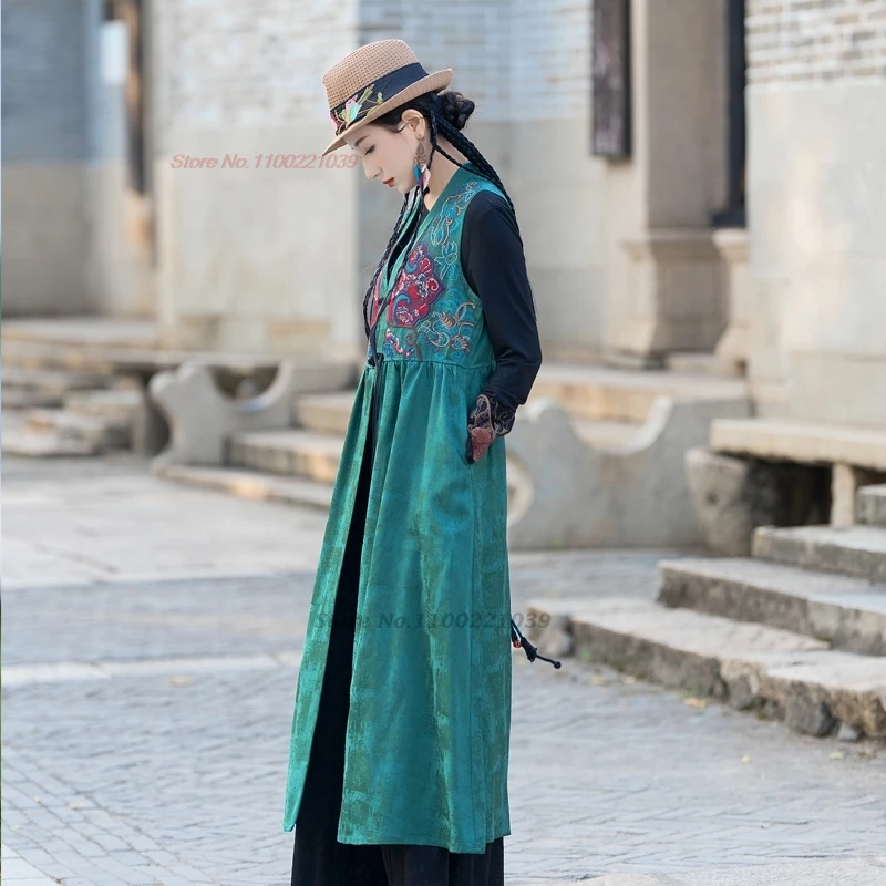 فستان صيني عتيق لعام 2025 مطرز بالزهور الوطنية بدون أكمام فستان هانفو بتصميم عتيق على شكل حرف a من قماش الجاكار الساتان فستان شعبي محسن #3