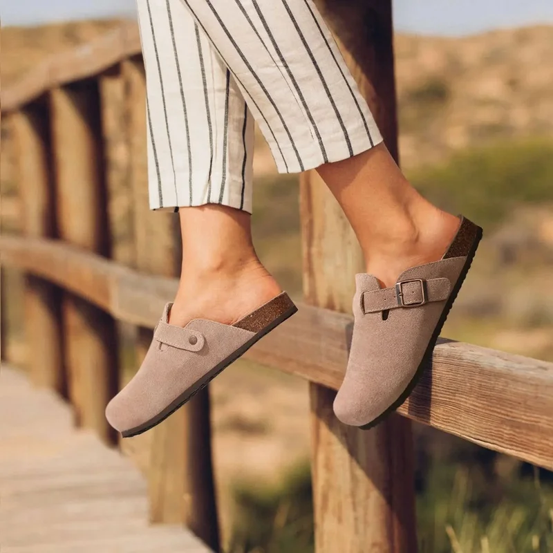 Zapatillas de gamuza para hombre y mujer, zuecos con plantilla de corcho, sandalias con soporte para el arco, toboganes de playa al aire libre, zapatos para el hogar