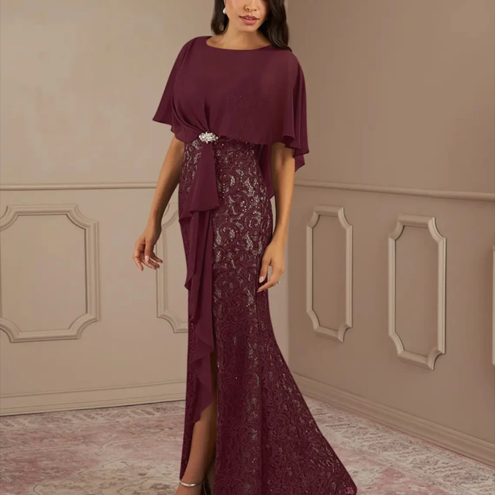 Mother of the Bride Dresses With Chiffon Crew Neck 2024 Appliqués Floor-Length Slits Elegant Ladies Party Gowns With Belt