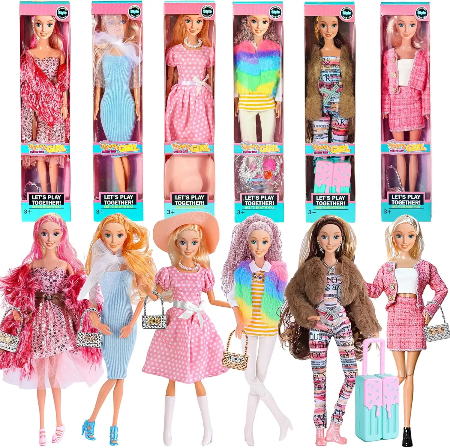 

6 Pack Fashion 11.5 Inch American Toy Princess Dolls Playset with Outfits, Accessories, and Gift Box