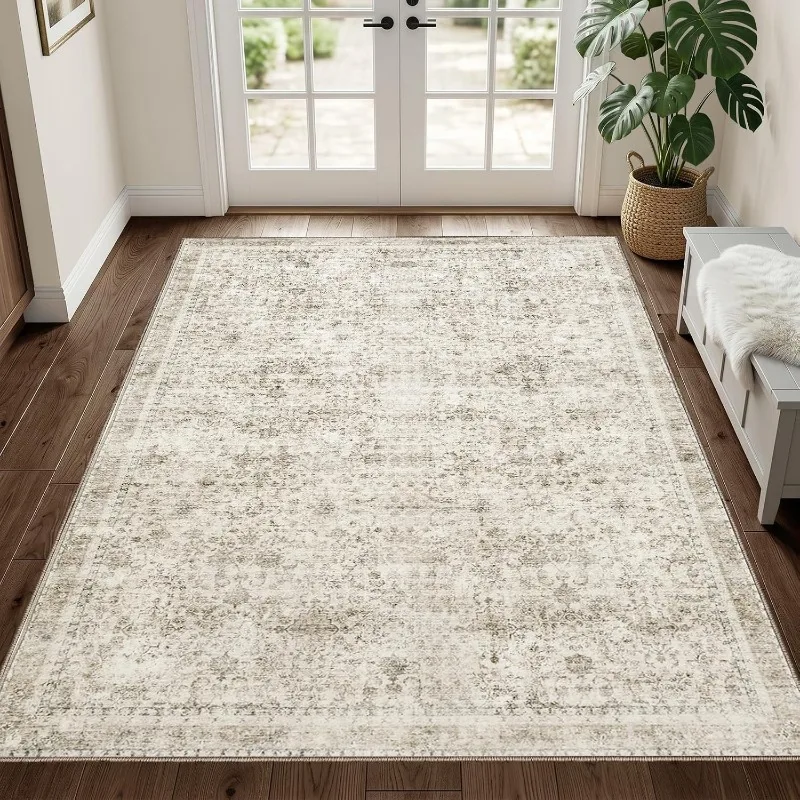 Vintage Persian Grey Distressed Floral Area Rug American Mid-century Carpet Non-Slip Washable Mat for Living Room Bedroom Sofa