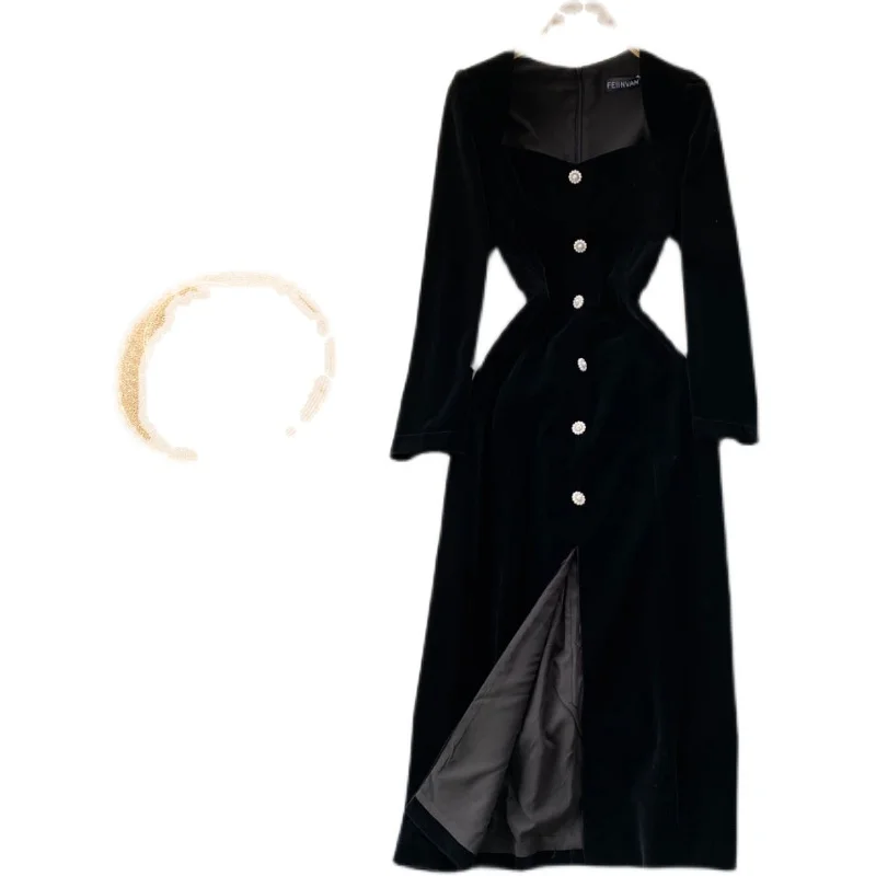 Temperament Autumn Women Black Velvet Dress Fashion Square Collar Long Sleeve Skinny Slit Elegant Female Long Dress