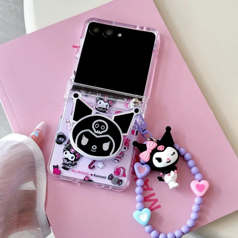 Ins Cute Kawaii Sanrio 3D Kuromi My Melody Phone Case for Samsung Galaxy Z Flip 8 7 6 5 4 3 7FE Stand Bracelet Chain hard Cover