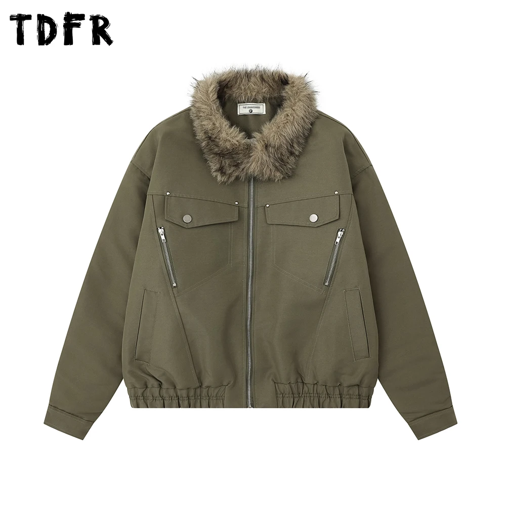 

Fur Collar Cargo Quilted Jacket Mens Pocket Solid Color Winter Retro Casual Loose Long Sleeve Thick Outerwear Man