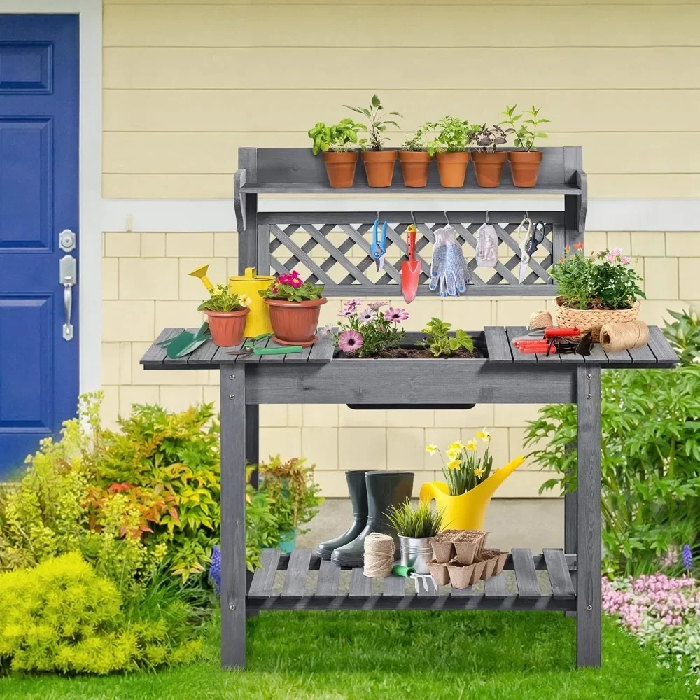 

Potting Bench Table Outdoor Garden Potting Table Wooden Workstation w/Sliding Tabletop Removable Sink w/Storage Shelf