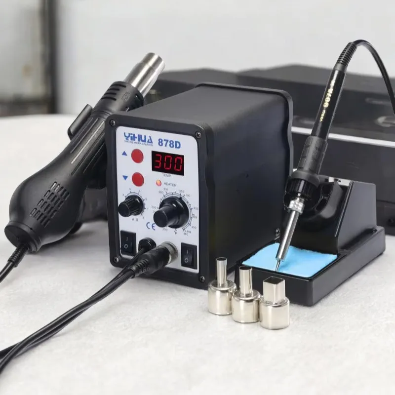 

878D Hot Air Soldering Station LED Digital Display Adjustable Airflow Temperature 3 Nozzles ESD Safe for Sensitive Components