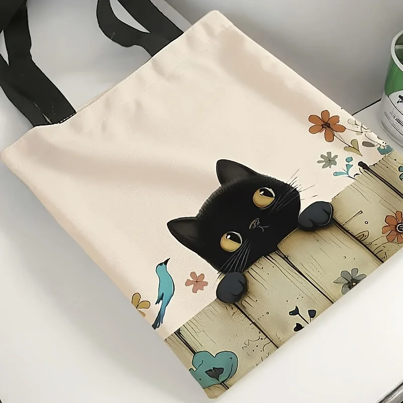 Women S Black Cat Print Handbag Polyester Fashion Handbag Women S Beach Shopping Bag Daily Use Fashion Shoulder Bag
