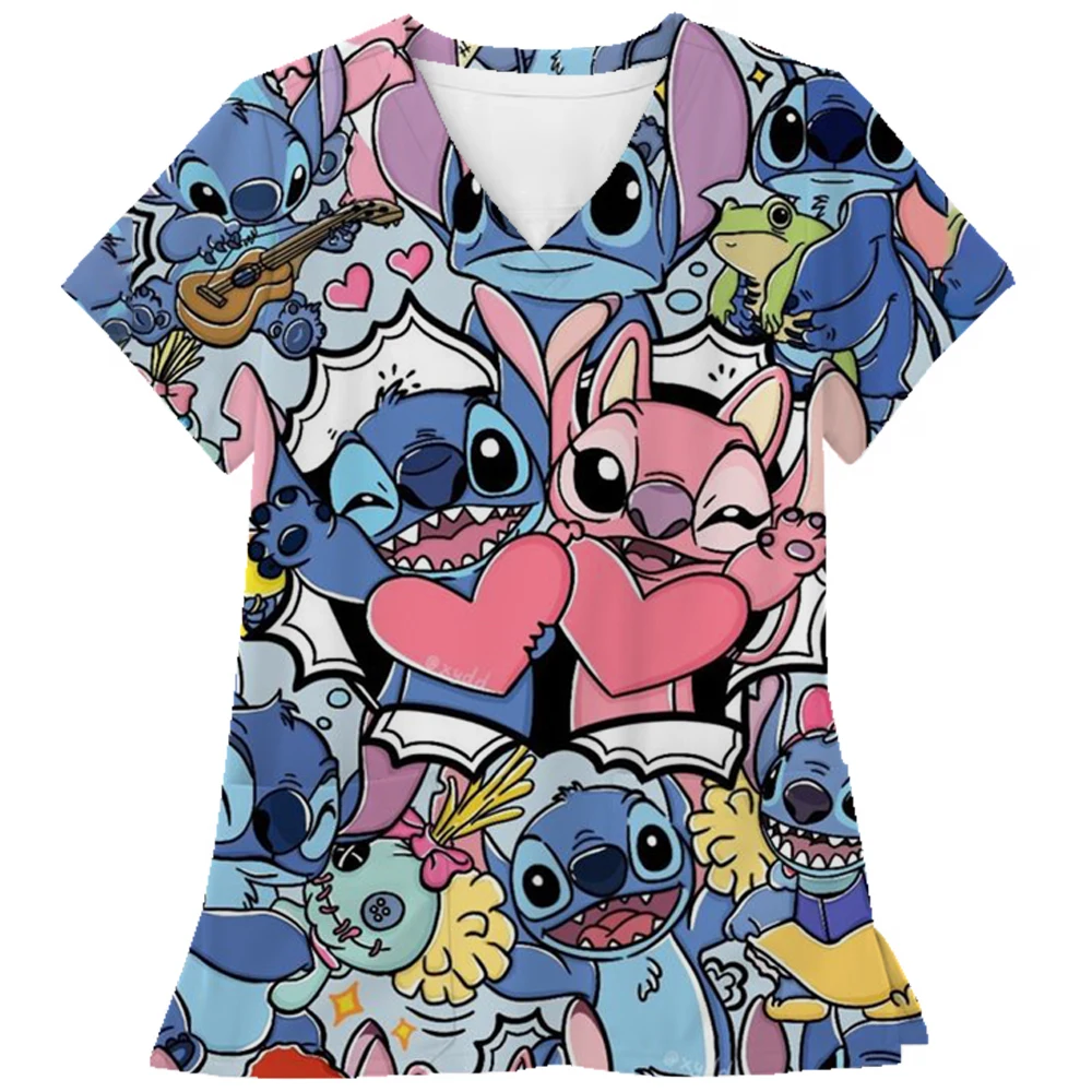 Disney Stitch พิมพ์ขัดผู้หญิงผ้ากันเปื้อนครูขัดเครื่องแบบ Pet Grooming พยาบาลสปา Caring เสื้อ uniformes de enfermería pa