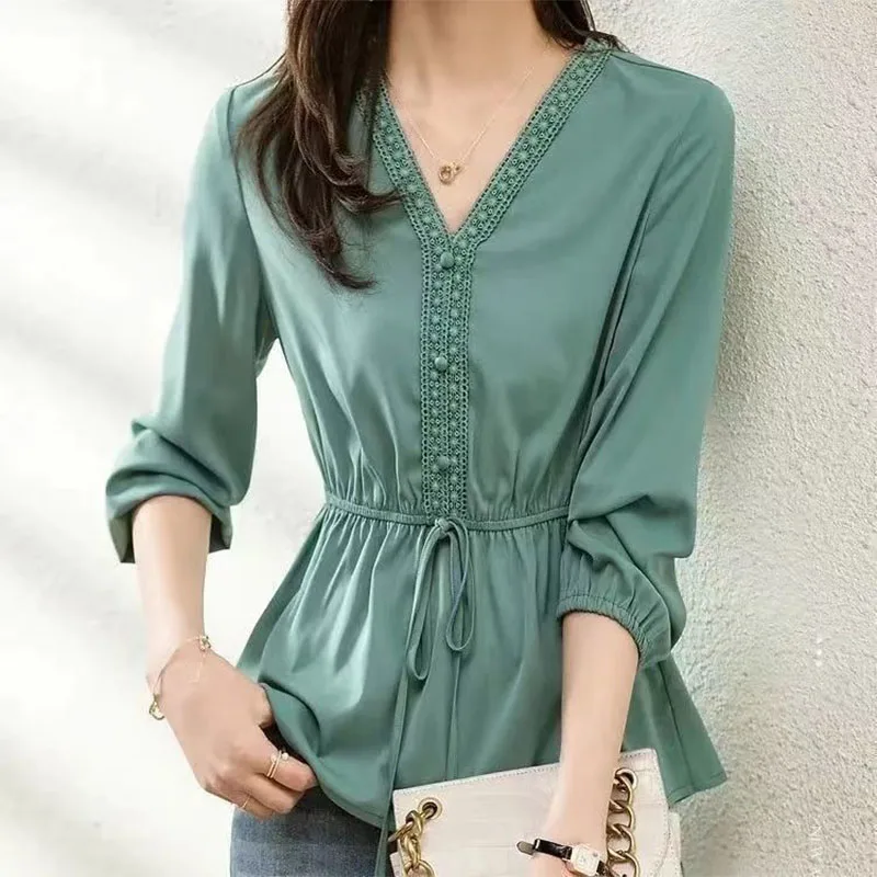 

Loose Women Fashion Midi Blouse Nine Quarter Sleeve Spring Summer Pullover V Neck Commute Elegant Casual Women's Shirt 2022 New