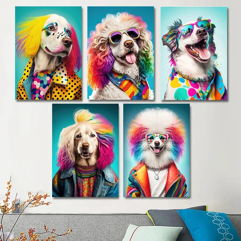 

80s Colorful Fashion Dog Art Canvas Painting Pictures Funny Cute Pets Dog Wall Art Posters and Prints Cuadros Home Decor Cuadros