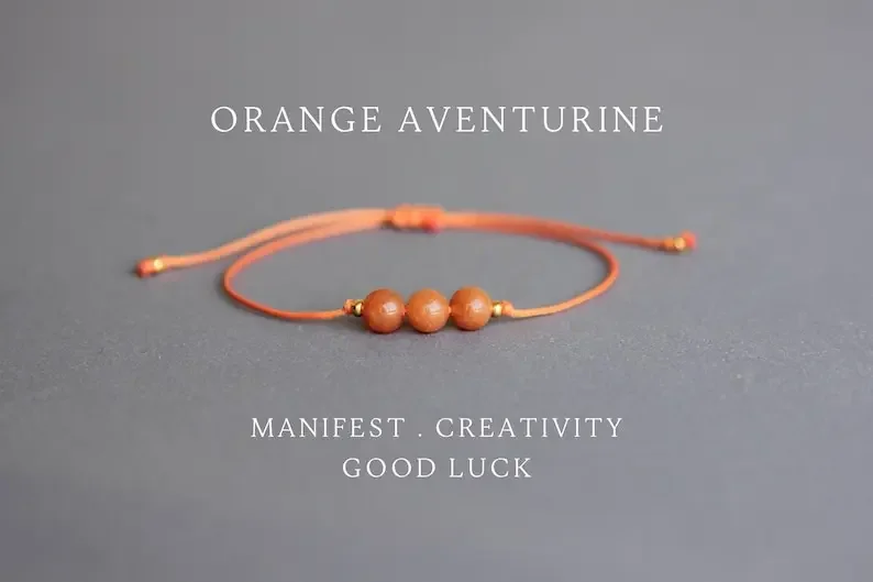 Orange Aventurine Stacked Crystal Bracelet Thread Adjustable Taurus Gift