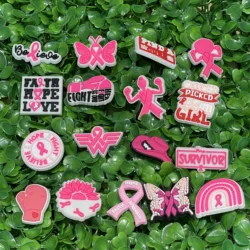 17pcs Pink Series Breast Cancer Awareness Faith Hope Fight Strength PVC Shoe Charms Sandals Garden Shoes Decorations Women Gift