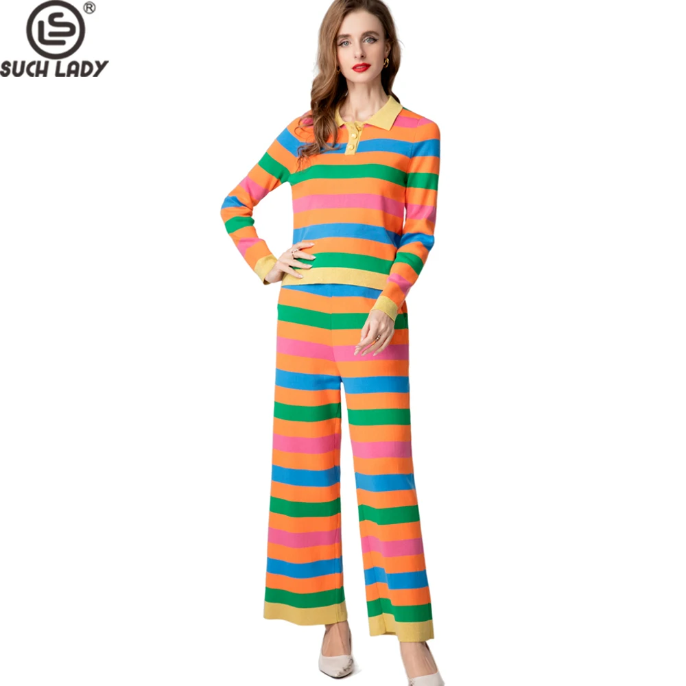 Women's Two-Piece Set Multicolor Striped Polo Collar Long Sleeve Knit Top and Wide-Leg Pants ,Casual Everyday Wear