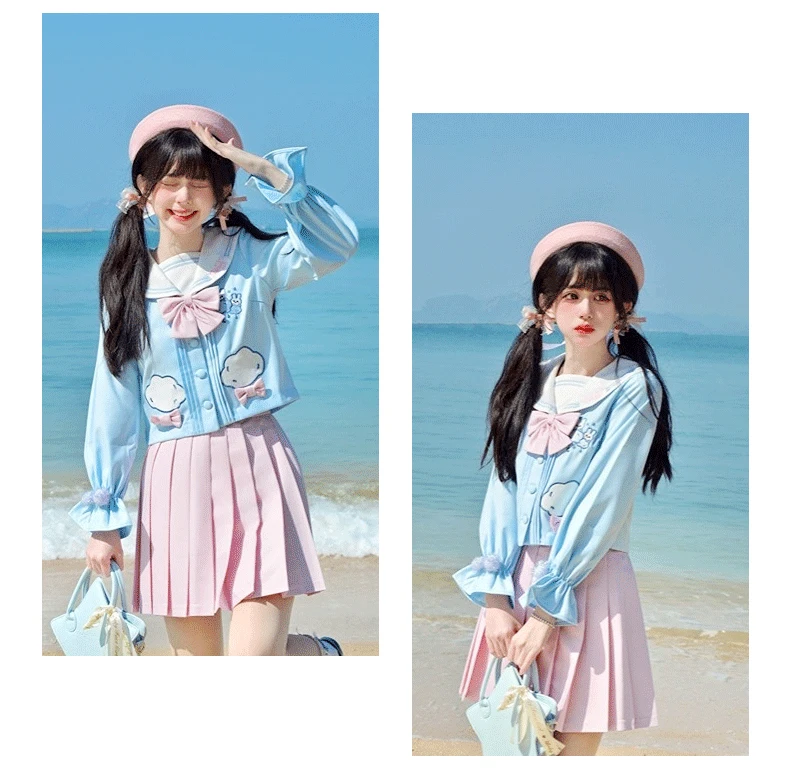 Japanese JK Sweet Print College Navy Collar Long Sleeve Shirt Girls Age Reducing High Waist Short Pleated Skirt Two-piece Set