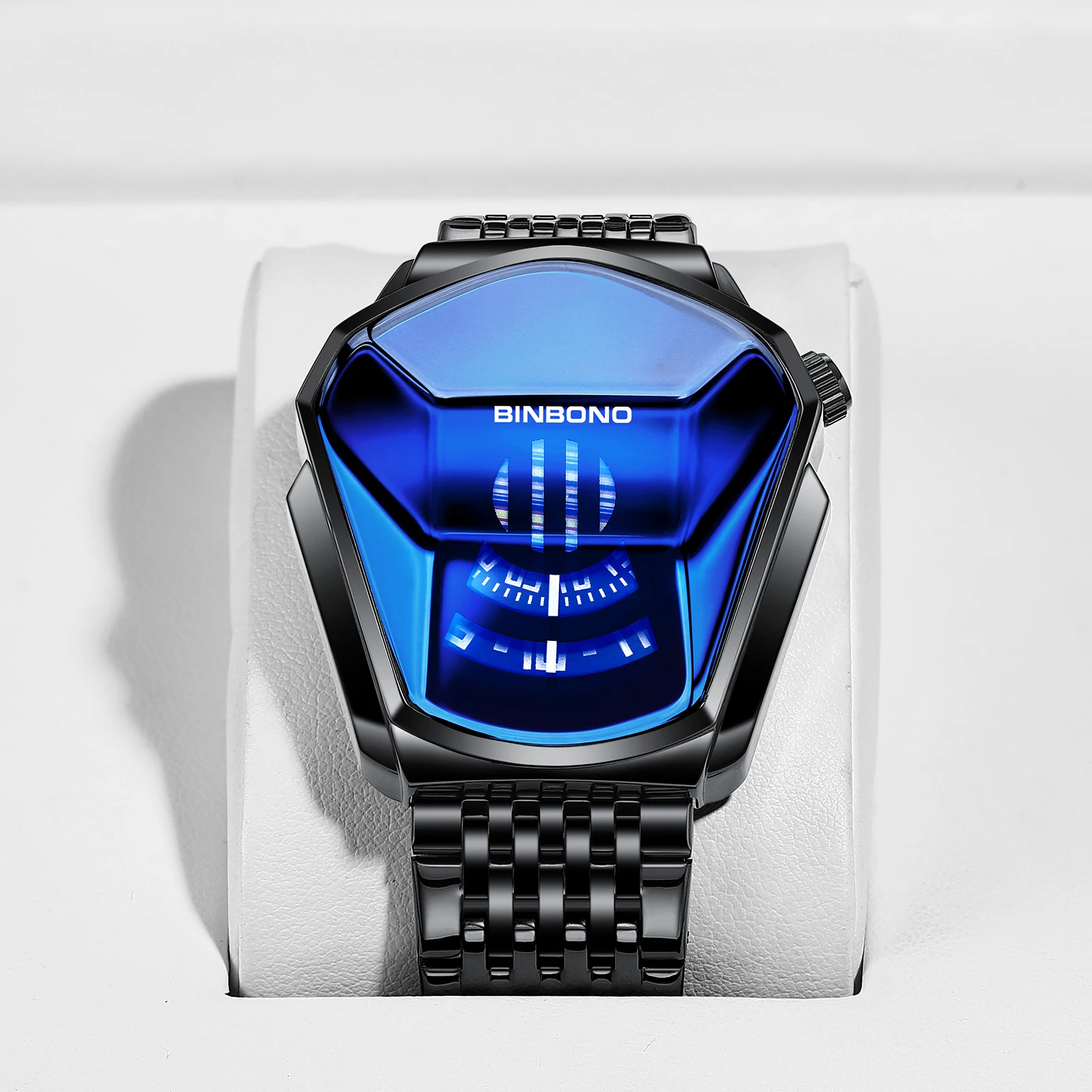 BINBOND Luxury Men Popular Fashion Motorcycle Concept Quartz Watch Luminous Steel Band Watch Touch Screen Black Technology Watch