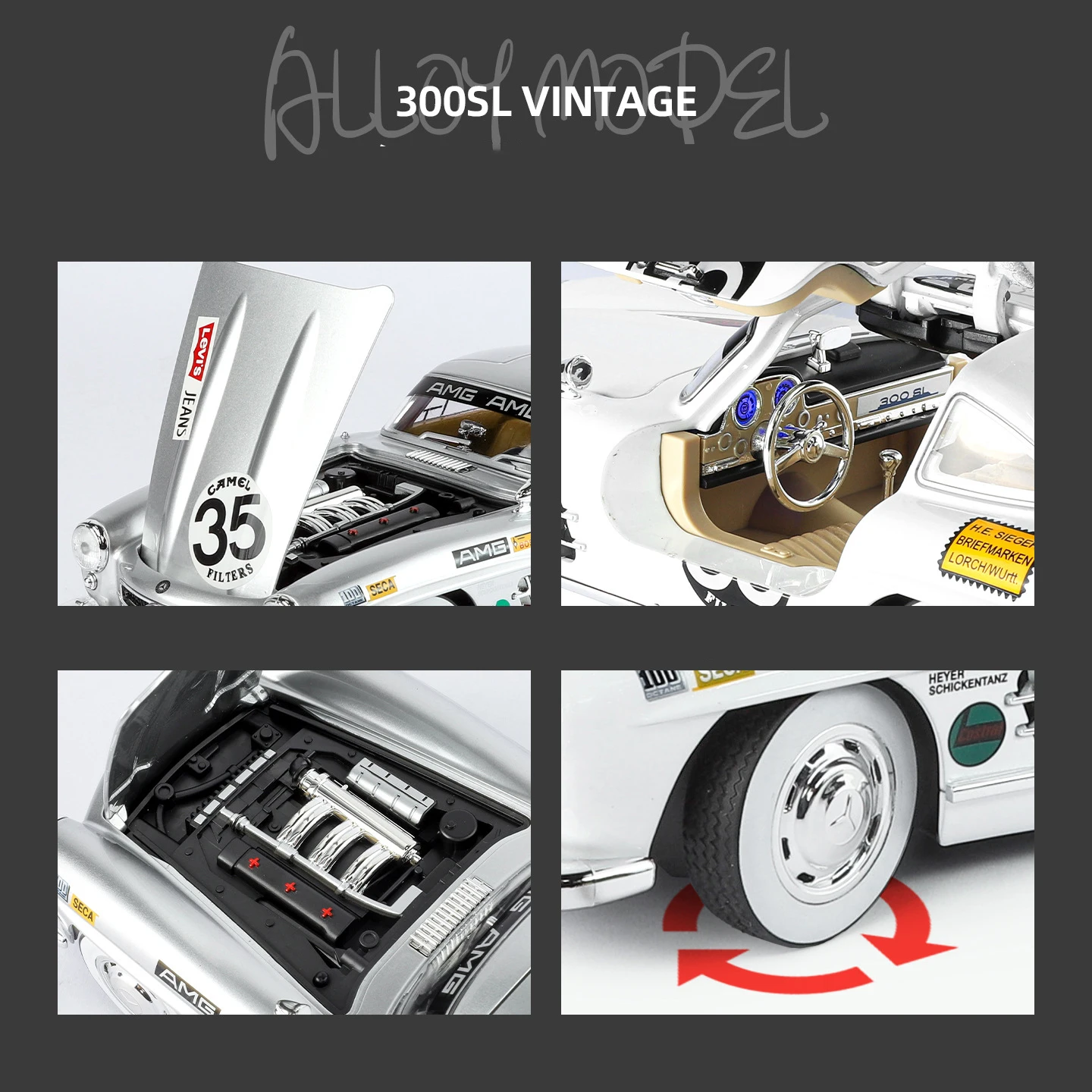 新品 1:18 ベンツ 300SL 合金製カーモデル サウンド＆ライト プルバック式 子供のおもちゃ コレクション 誕生日プレゼント