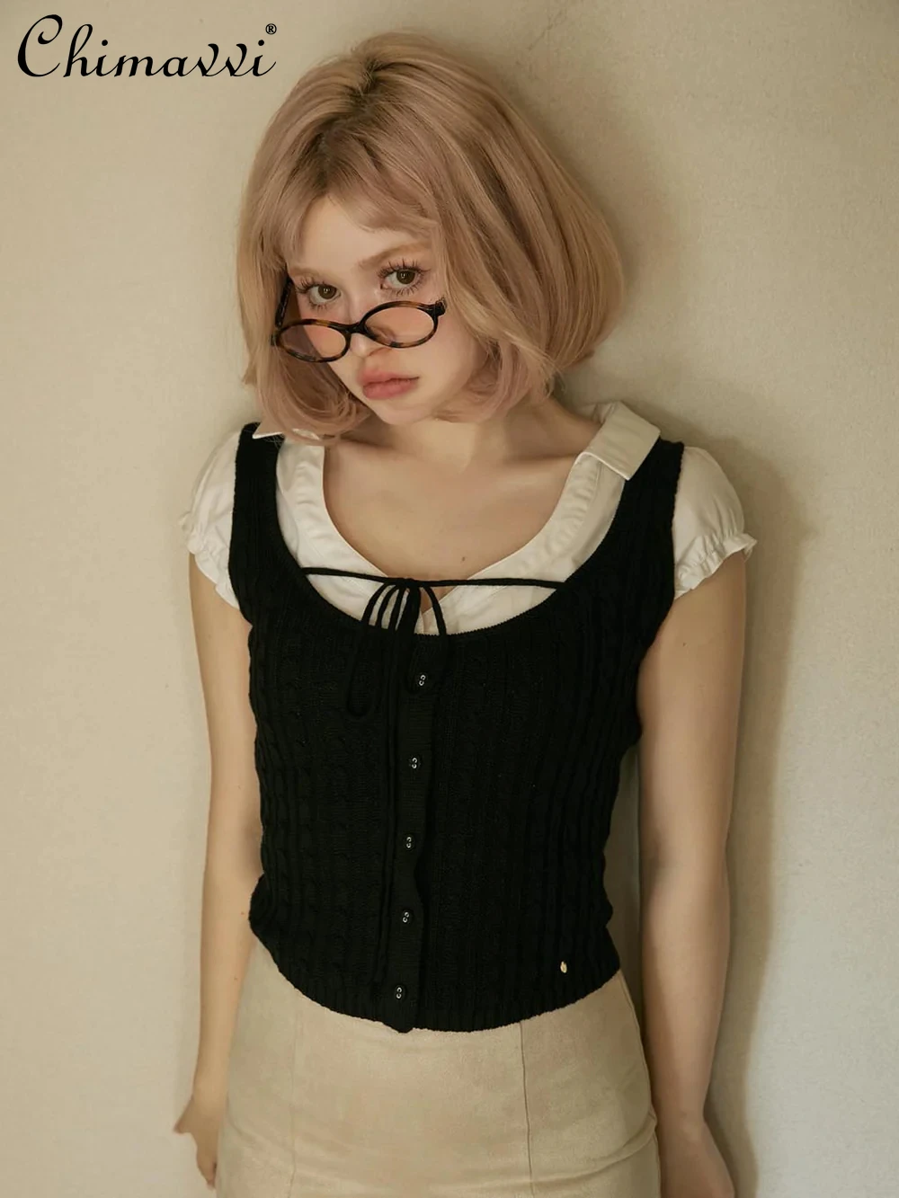 

2025 Summer New Japanese Sweet Knitted Patchwork Cardigan + Short Sleeve Shirt Two-Piece Set Cute Girl Temperament Women's Top