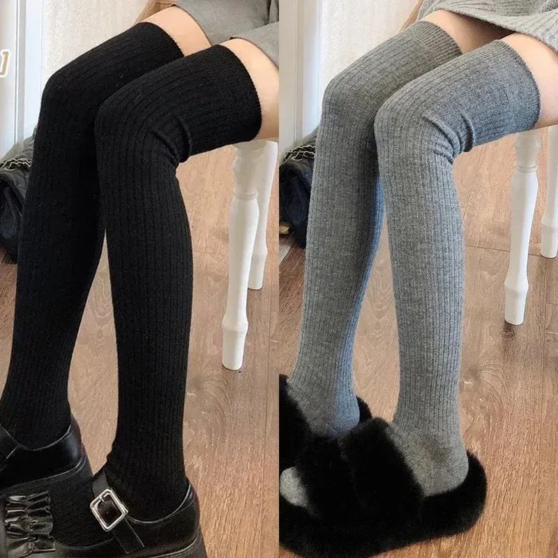 1 pair Spring Fall Knee High Stockings Women Soft Wool Vertical Stripe Long Socks Fashion Fluffy Warm Thicken Girls Socks