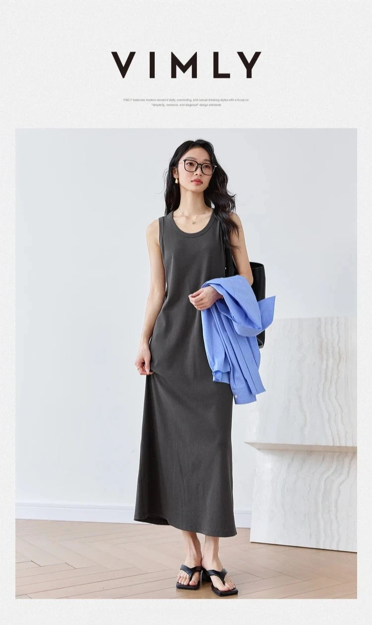 VIMLY Summer Tank Dresses 2026 Woman Simple Gray Cotton Blend Knitted Loose Sleeveless A Line Long Dress Women's Clothing M9852 - AliExpress 200000345 VIMLY Summer Tank Dresses 2026 Woman Simple Gray Cotton Blend Knitted Loose Sleeveless A Line Long Dress Women's Clothing M9852 - AliExpress 200000345