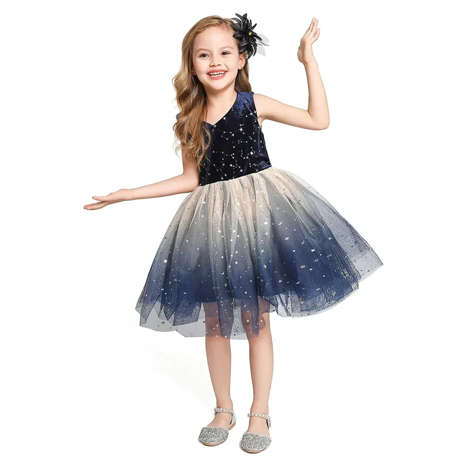 Girls Elegant Party Dress Star Sequins Princess Dress Kids Velet Tulle Clothing Children Birthday Photography Dark Blue Gowns