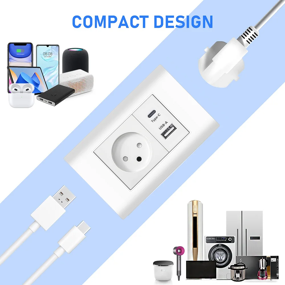 EIOMR-enchufe de corriente estándar de Israel con carga rápida USB-A USB-C, interruptor, Panel de PC ignífugo curvo, toma de corriente de pared