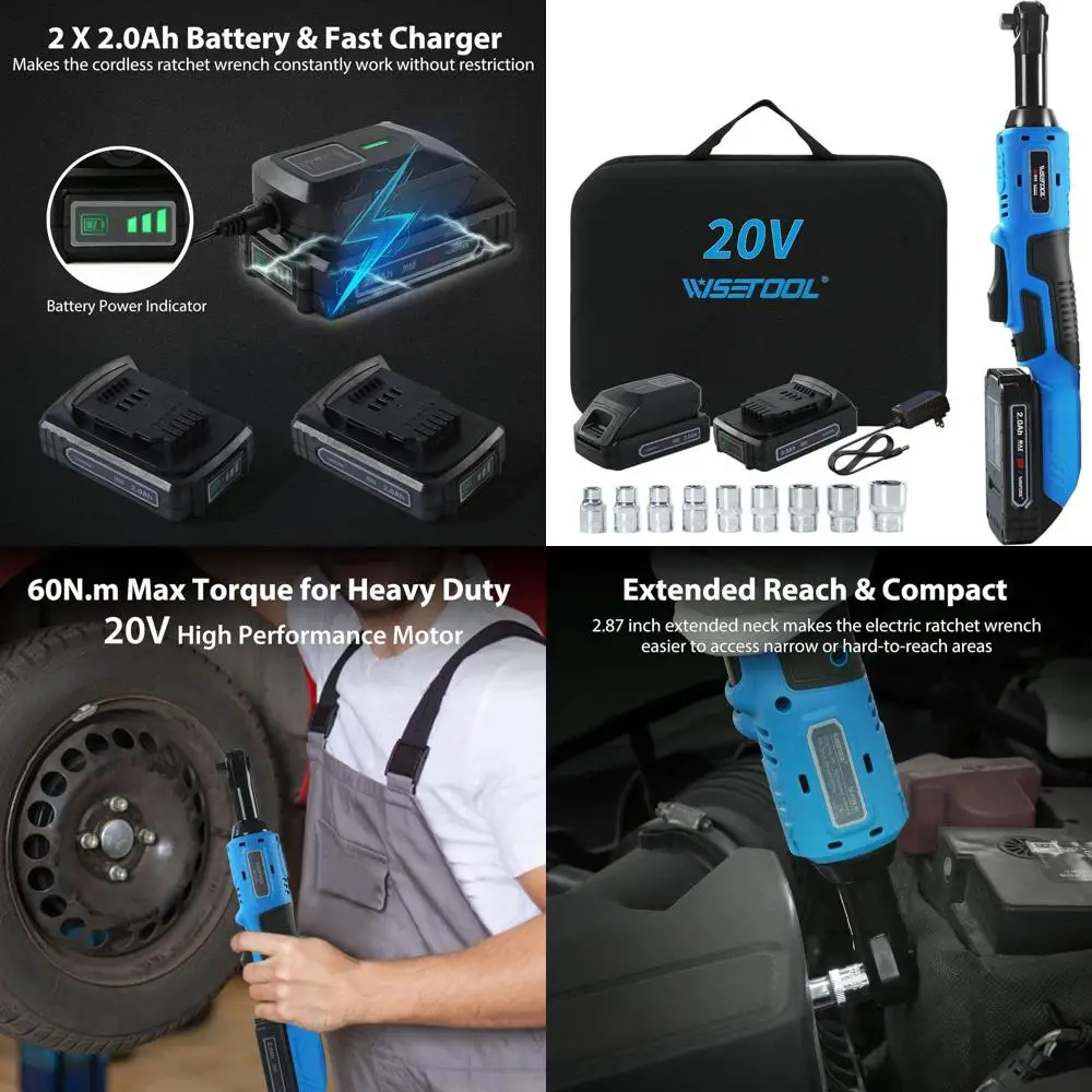 

20V 3/8 Cordless Ratchet Wrench with 60 N·m Torque, 2x 2.0Ah Batteries, and 9 Sockets in a Tool Bag