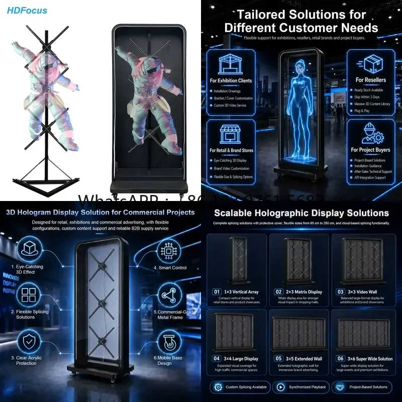 WSQ for 65cm 1x3 Human Size 3D Hologram Fan with Rack Case Total Solution 2500 Nits 4K for Holographic Fan Splicing Video