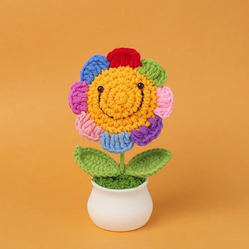 Hand-Knitted Crochet Sunflower Potted Sunflower Smiling Face Fake Flower Bonsai Artificial Desktop Ornaments for Teachers'Day