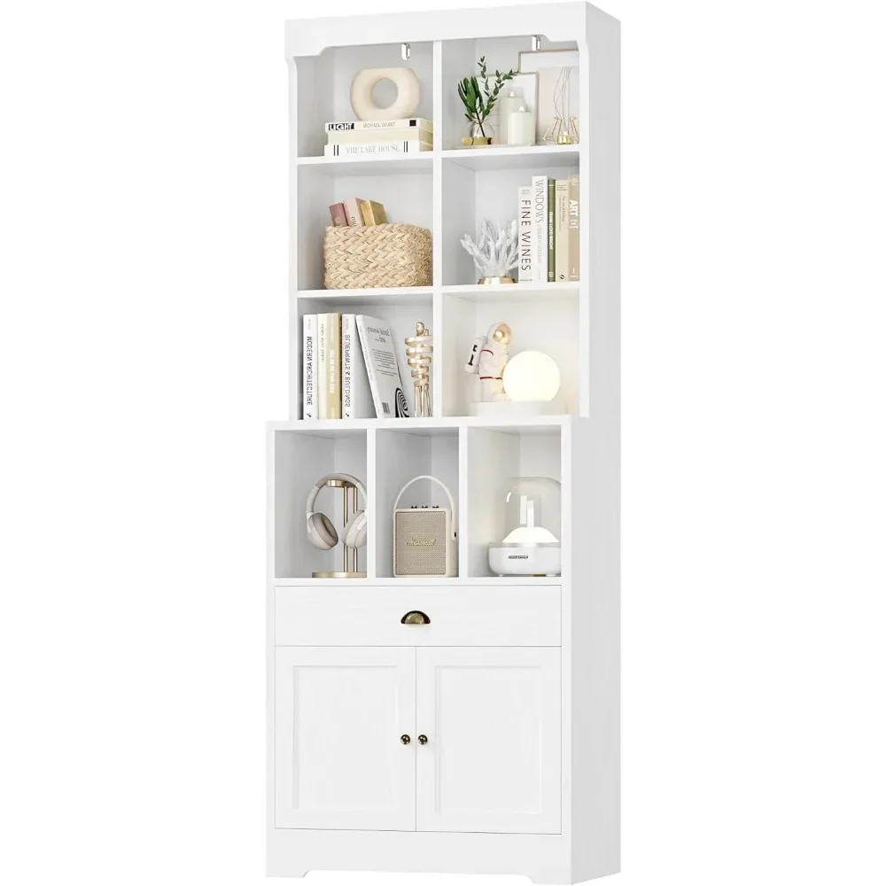 80” Tall Bookshelf with Drawer and Cabinet, 6 Tier Bookcase with Adjustable Shelf and Door, 9 Cube Open Book Shelf Storag