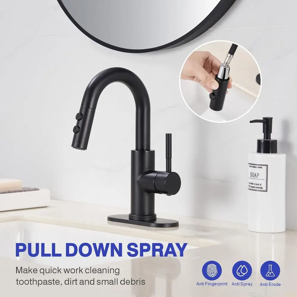 Matte Black Single Handle Pull-Out Spray Faucet with Pop-Up Drain for Laundry Sink, KBL-7002B-CL2