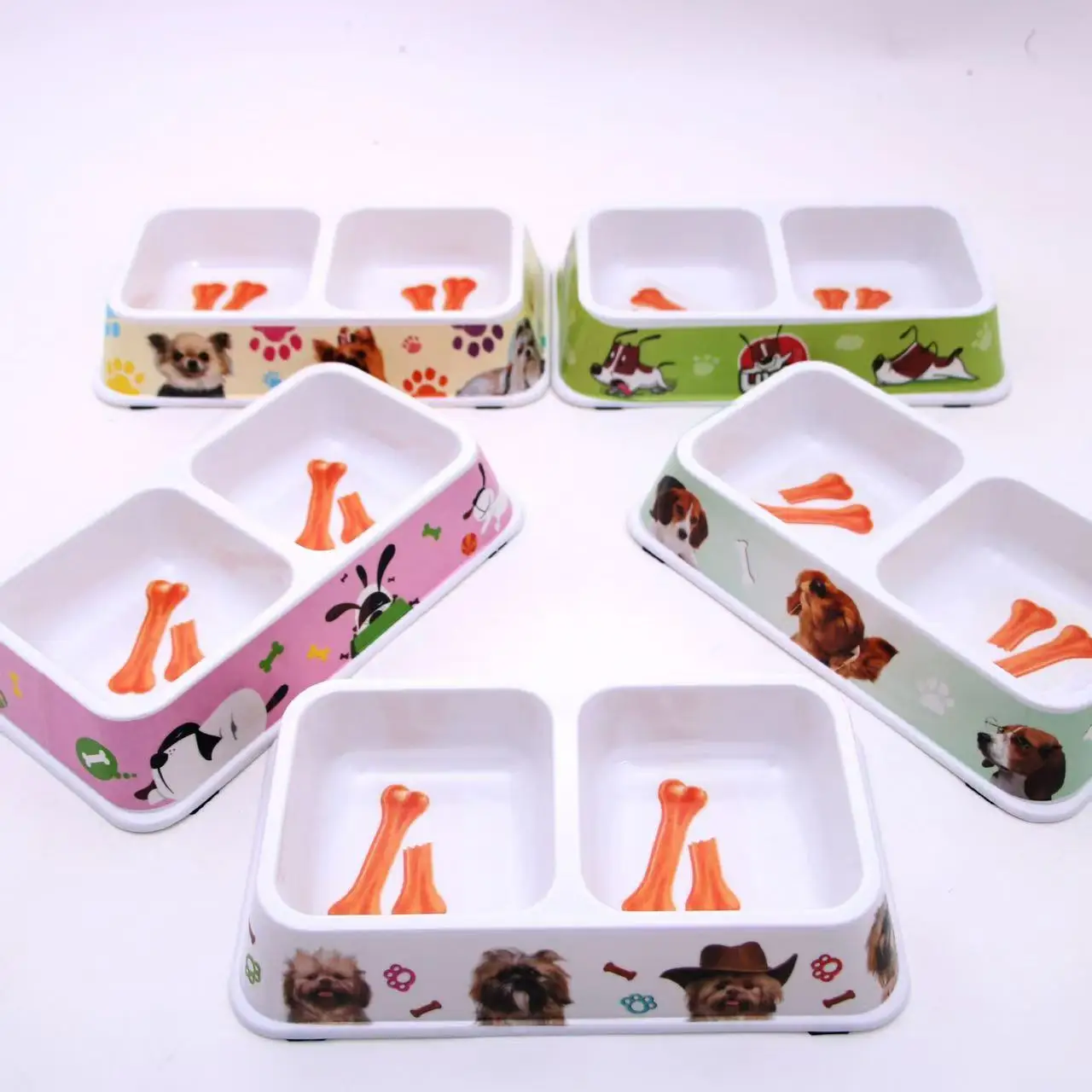 26/5000 Pet products Square melamine double bowl diet feed water double bowl Cartoon cute water bowl