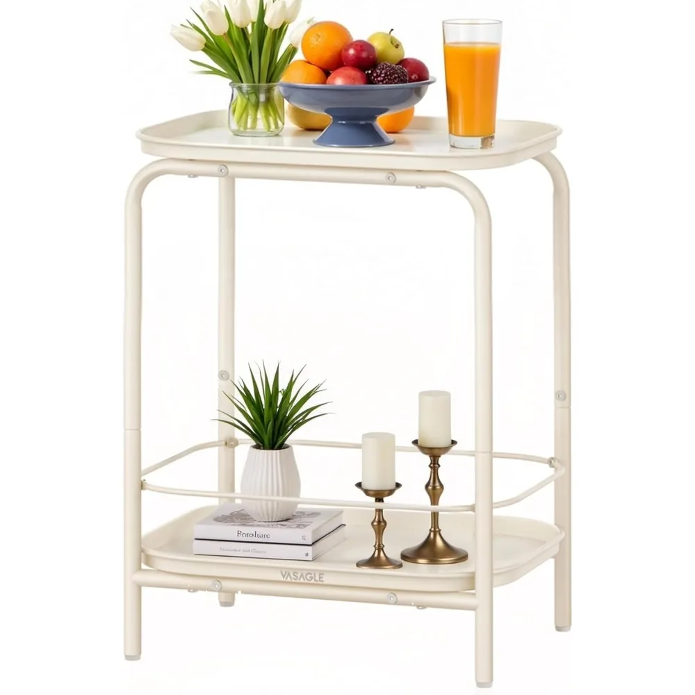 

Modern 2-Tier Side Table with Tray Storage, Cream White for Living Room and Bedroom