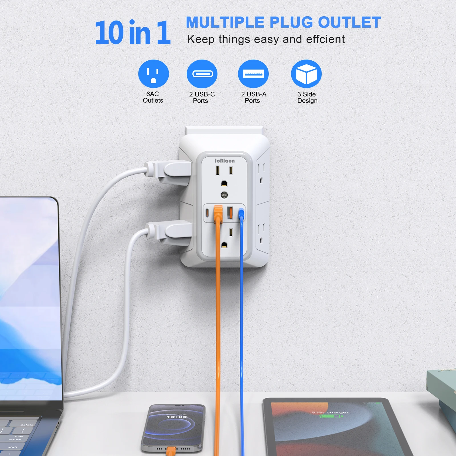 US Multi Socket Wall Socket with 6 AC Outlets 4 USB Port(2 Type C), Universal Plug Power Strip Network Filter Fast Charging