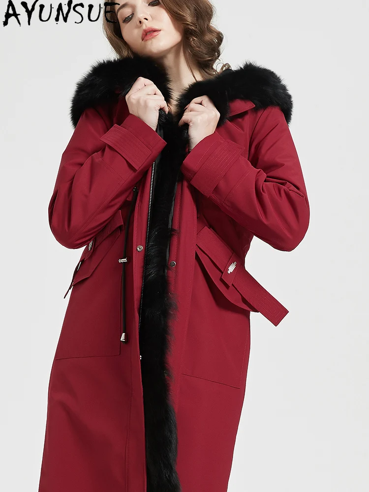 

AYUNSUE Rex Rabbit Fur Coat Women 2025 Теплая парка с лисьим мехом и воротником из натурального меха Зимняя одежда Женские пальто Длинные стильные Пальто Женское